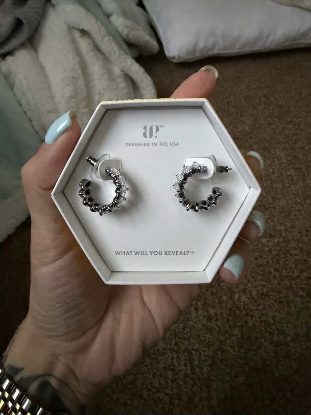 Designed in the USA Hematite Crystal Hoop Earrings — Sparkling Silver-Tone